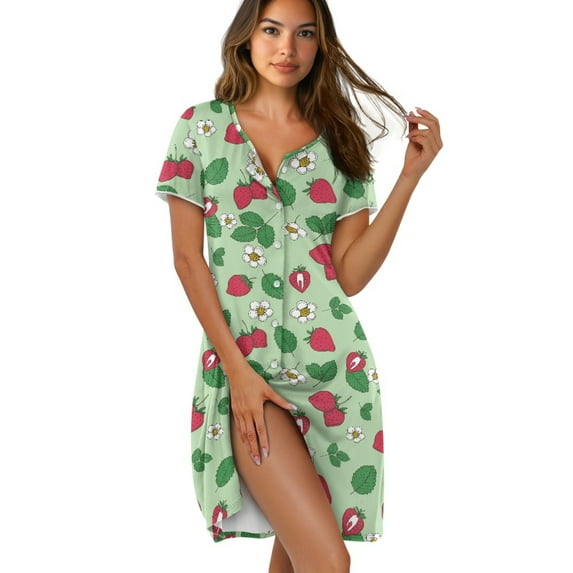 FKELYI Floral Strawberry Leaf Print Women's Nightgown Short Sleeve Pajama Dress Soft Fabric Sleepwear Dress Button Down Sleep Shirts Breathable Boyfriend Nightdress, XL