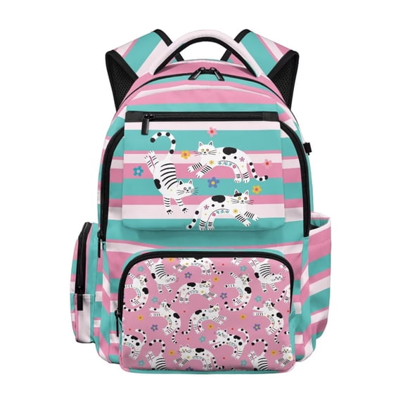 FKELYI Flower Cat Stripe Print 17 Inch Schoolbag for Kids Backpack Large Capacity Primary School Bookbag with Multi-Pockets Casual Daypack Rucksack