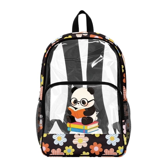 FKELYI Flower Panda Print 17 Inch Clear Backpack Kids Backpack See Through Schoolbag Spacious Bookbag Travel Bags for Elementary Student