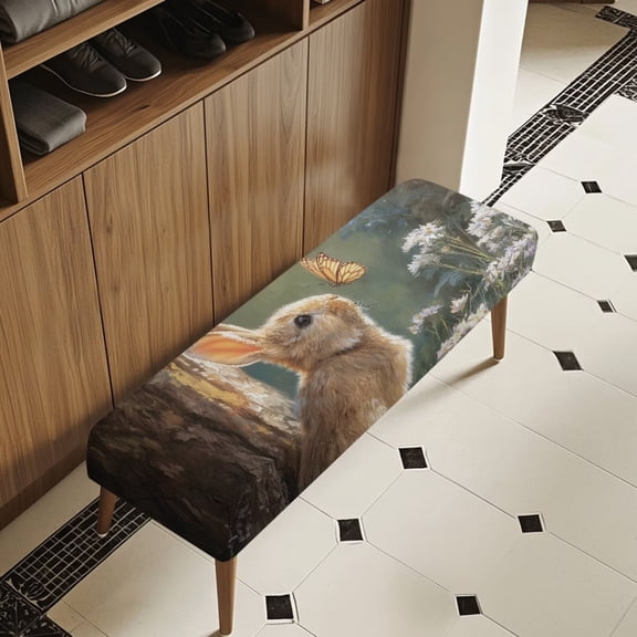 FKELYI Forest Rabbit Butterfly Print Anti-Dust Bench Cover Stretchy Dining Bench Seat Cushion Slipcover Furniture Protector Cover for Home Decor Living Room