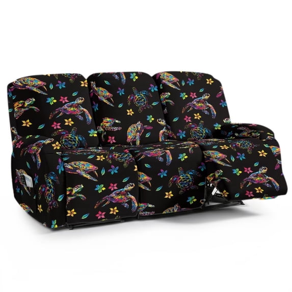 FKELYI Frangipani Floral Turtle Print Stretch Recliner Chair Slipcovers 8 Pcs Set Recliner Sofa Couch Protective Covers Anti-Dust Non-Slip Reclining Couch Slipcover
