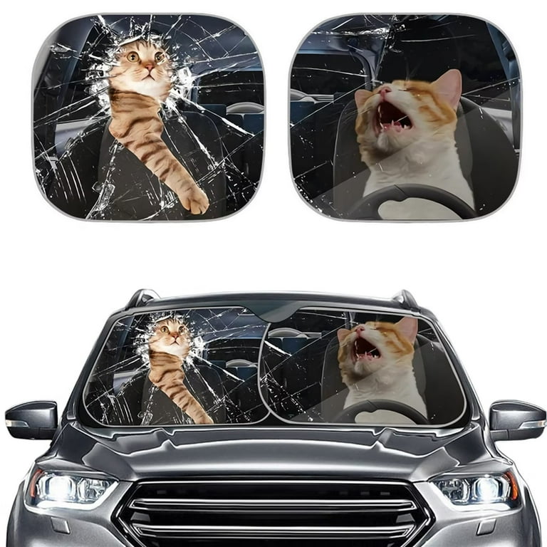 FKELYI Funny Auto Sun Shade Two Cats Driver Print Car Front Window Sunshade Windshield Visor for Protector Decor 2 Pieces Set