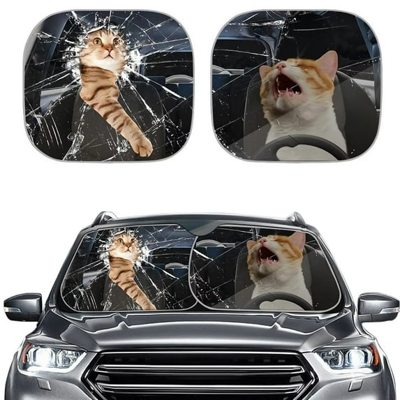 FKELYI Funny Auto Sun Shade Two Cats Driver Print Car Front Window Sunshade Windshield Visor for Protector Decor,2 Pieces Set