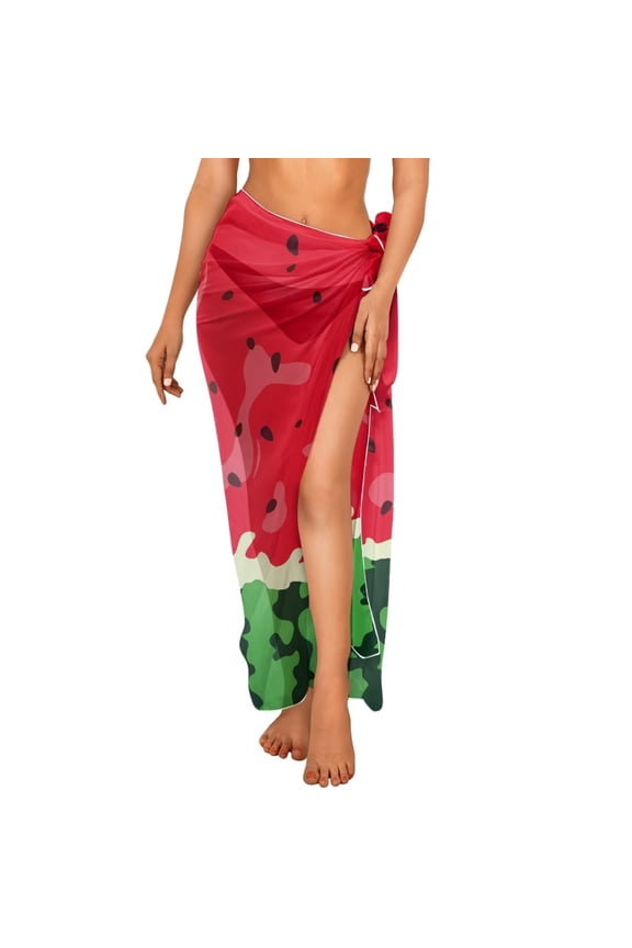 Funny Watermelon Print Sarong Cover Up for Women Long Beach Skirt Wraps Breathable Chiffon Fabric Swimwear Pareo Coverup for Bathing Suit for Summer Party