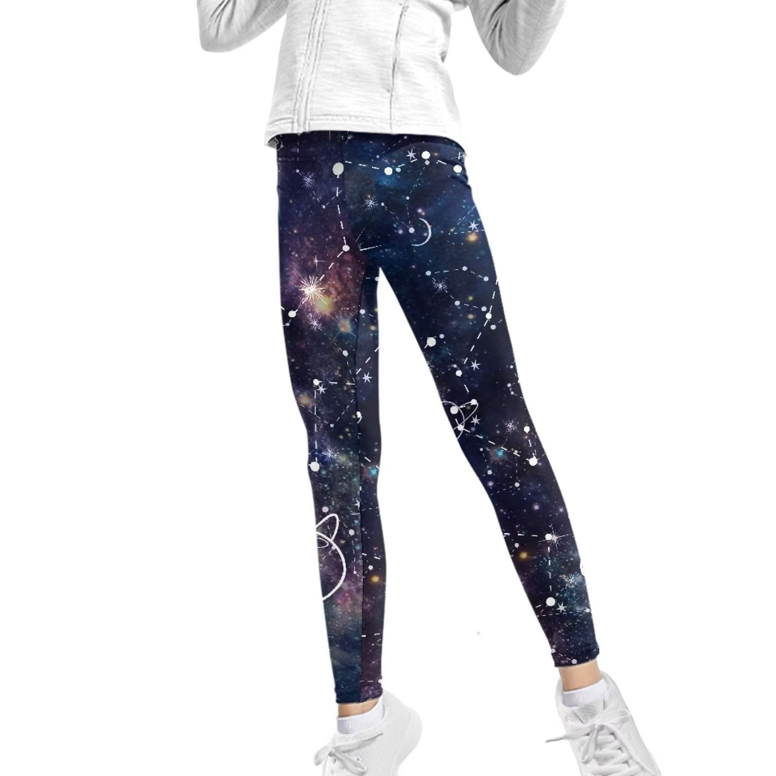 FKELYI Galaxy Space Girls Leggings Size 10-11 Years Comfortable Home Yoga  Pants High Waisted Straight Leg Soft School Teen Kids Tights 