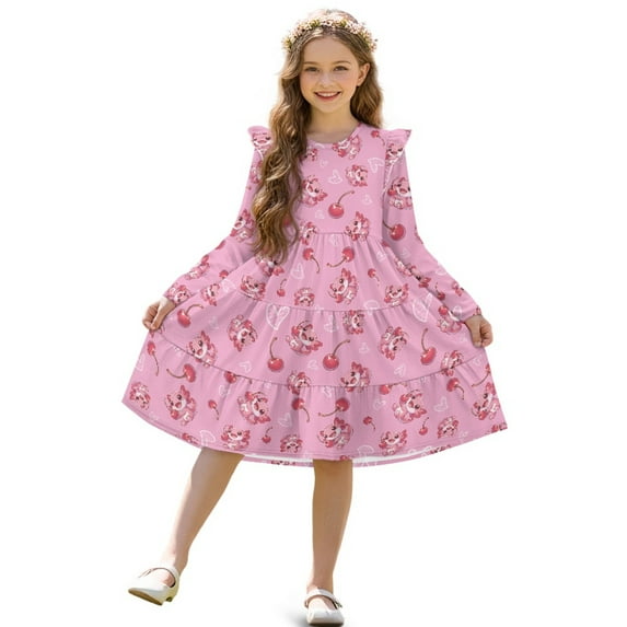 FKELYI Girl Long Sleeve Dress Ruffle Sleeve Pink Cherry Axolotl Print Crew Neck Trim Dress for Birthday Party A Line Tiered Swing Pactchwork Dresses, 7-8 Y
