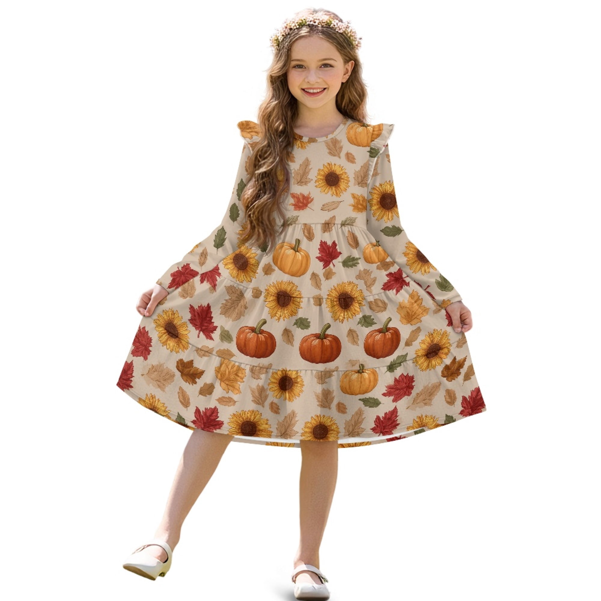 FKELYI Girls Crew Neck Dress A-Line Tiered Swing Dress Autumn Sunflower ...
