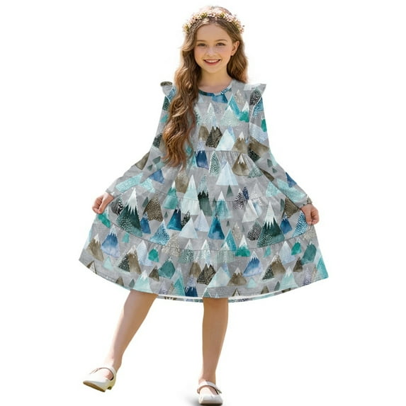 FKELYI Girls Crew Neck Dress A-Line Tiered Swing Dress Grunge Geometric Print Ruffle Long Sleeve Fall Sundress Midi Playwear for Party Birthday, 5-6 Y
