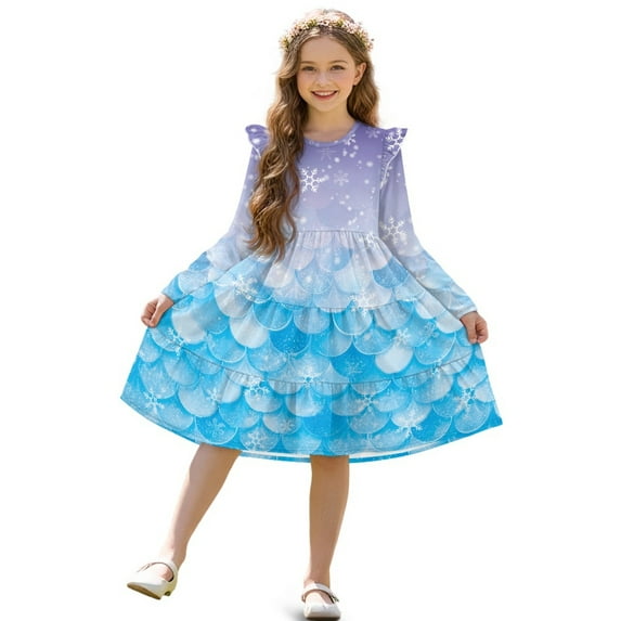 FKELYI Girls Crew Neck Dress A-Line Tiered Swing Dress Purple Snowflake Blue Fish Scale Print Ruffle Long Sleeve Fall Sundress Midi Playwear for Party Birthday, 5-6 Y