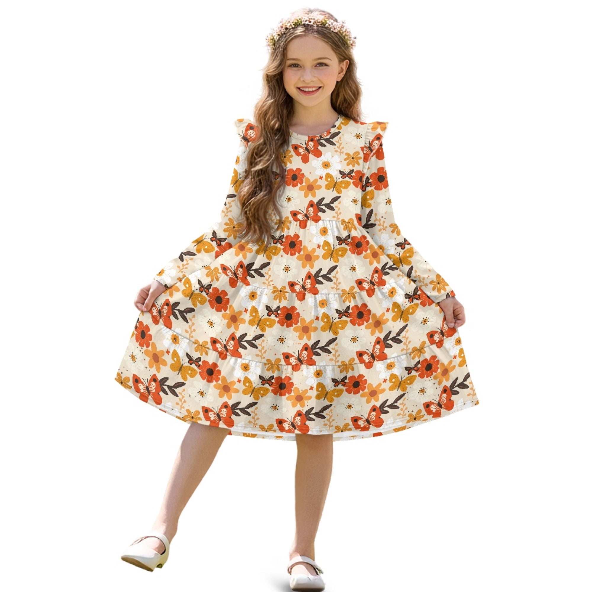 FKELYI Girls Crew Neck Dress A-Line Tiered Swing Dress Ruffle Long ...