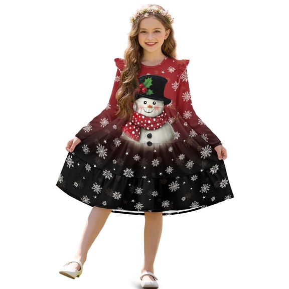 FKELYI Girls Crew Neck Dress A-Line Tiered Swing Dress Xmas Snowflake Snowman Print Ruffle Long Sleeve Fall Sundress Midi Playwear for Party Birthday, 7-8 Y
