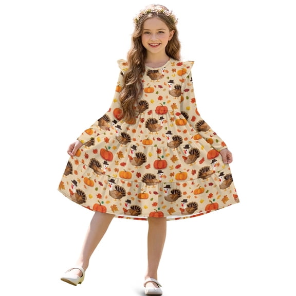 FKELYI Girls Crewneck Dress A-Line Tiered Swing Dress Pumpkin Leaf Turkey Print Ruffle Long Sleeve Fall Sundress Midi Playwear for Party Birthday, 11-12 Y