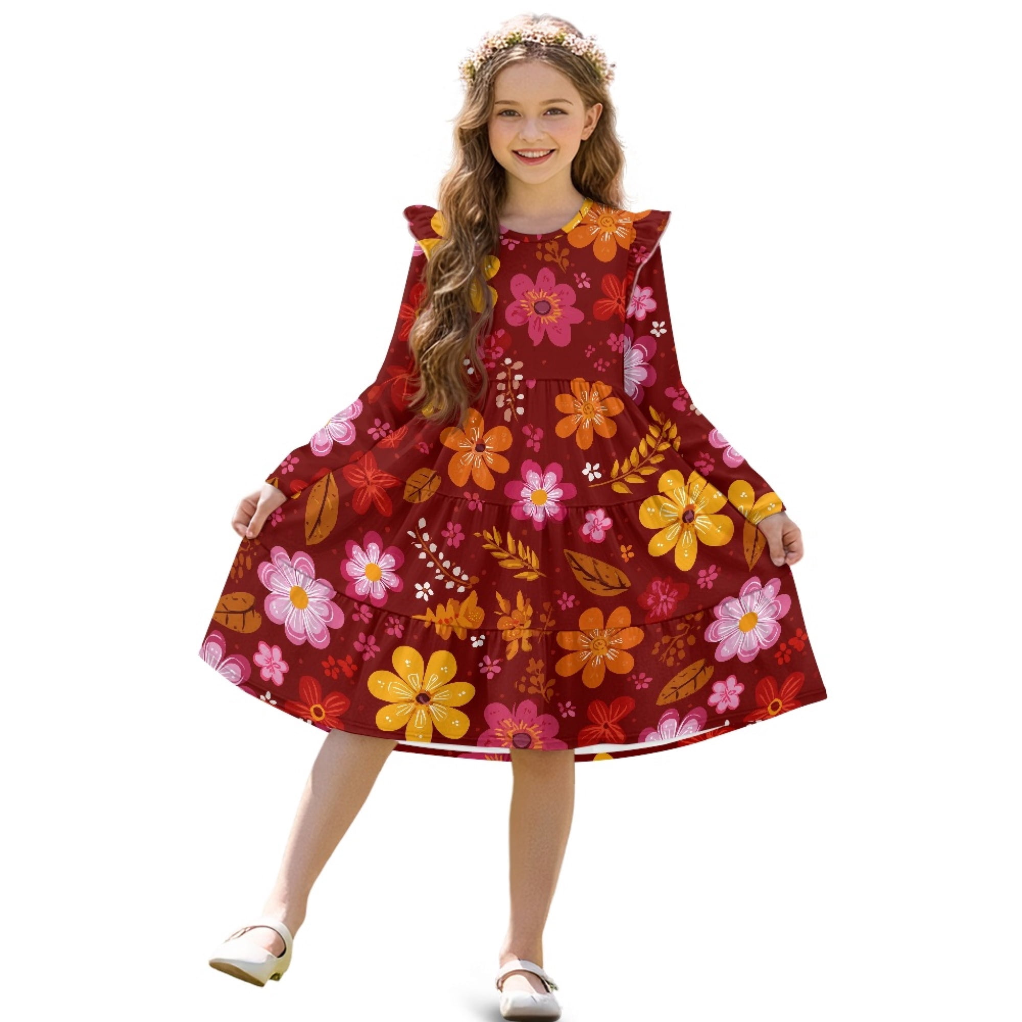 FKELYI Girls Crewneck Dress A-Line Tiered Swing Dress Ruffle Long ...