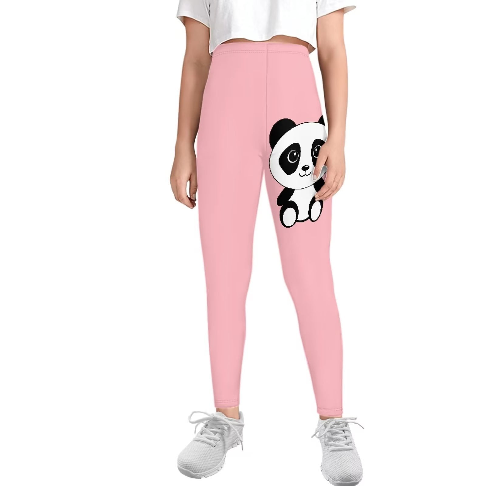 FKELYI Girls Leggings Pink with Panda Print Size 12-13 Years Comfortable  School Yoga Pants High Waisted Straight Leg Casual Home Active Tights