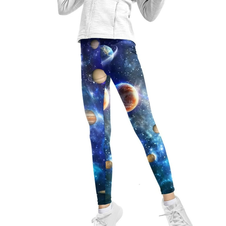 FKELYI Girls Leggings with Galactic Planets Size 8-9 Years Comfortable Home  High Waisted Yoga Pants Elastic Outdoor Activities Youth Kids Tights 