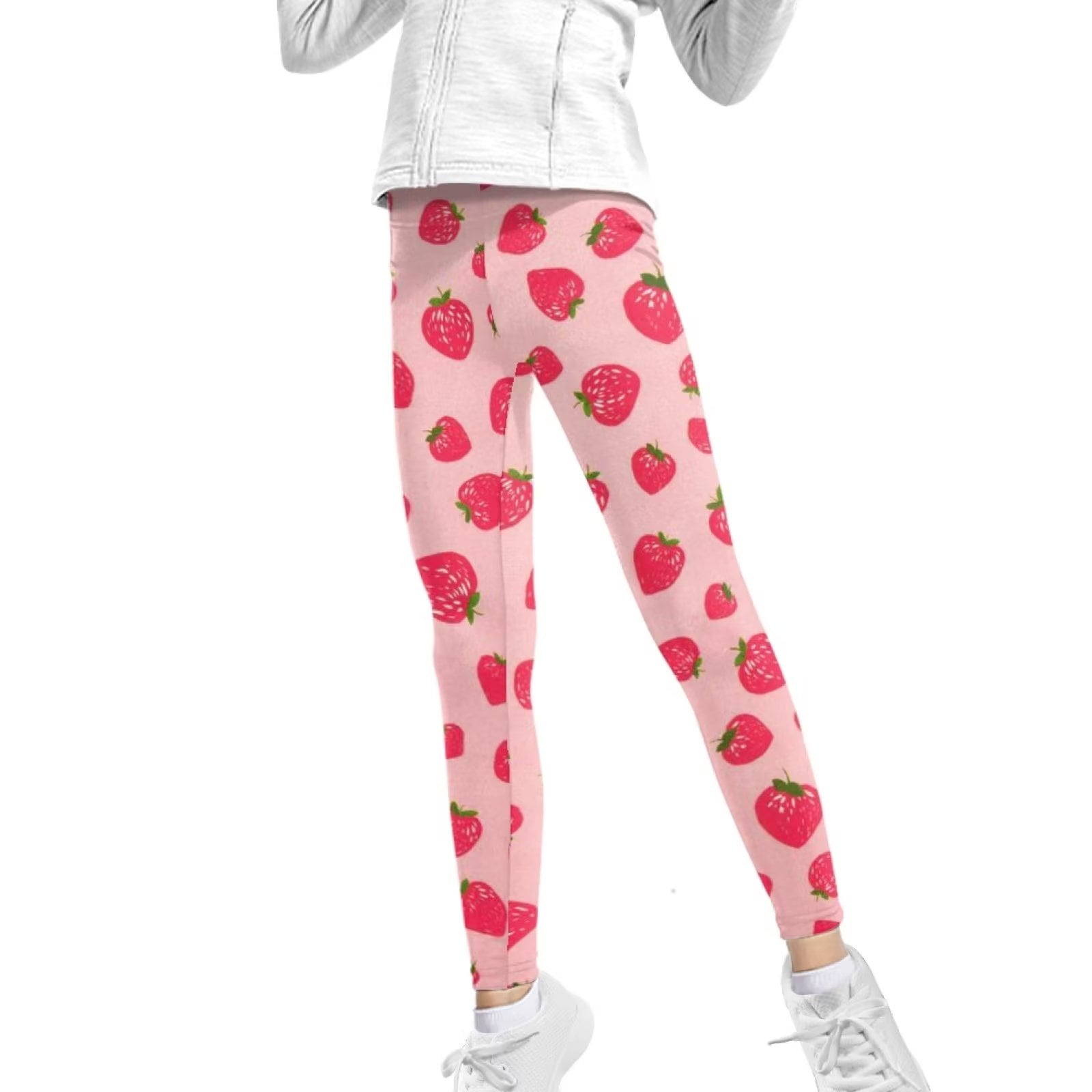 FKELYI Girls Leggings with Strawberry Size 8-9 Years Comfortable Playing Kids  Tights Pink Stretchy School Yoga Pants High Waisted Yummy Control 