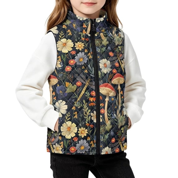 FKELYI Girls Puffer Vest Flower Dragonfly Mushroom Print, 4Y, Sleeveless Jacket, Quilted Warm Vest, Full Zipper, Water Resistant, Stand Collar Outwear Coat for Toddler Child