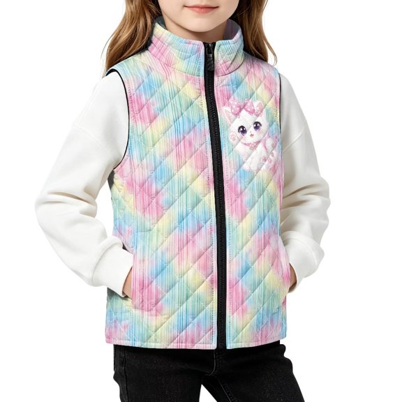FKELYI Girls Puffer Vest for Kids Coat Tie-Dye Cat, 2Y, Zip Up, Warm Jacket, Stand Collar Outerwear, Water Resistant, Lightweight Fall Winter Coat with Pockets