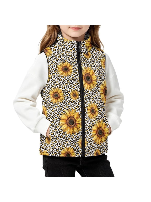 Girls Quilted Vest Sunflower Leopard Print, 7-8Y, Sleeveless Jacket with Pockets, Full Zipper, Stand Collar, Warm Vest, Quilted Outwear Coat for 2-12 Y