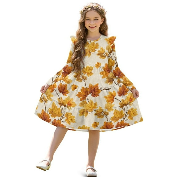 FKELYI Girls Ruffle Sleeve Dress A Line Twirly Dress for Kids Autumn Maple Leaf Print Midi Soft Fall Dresses Patchwork Playwear Sundress, 11-12 Y