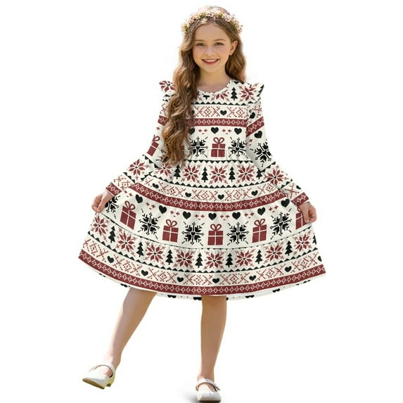 FKELYI Girls Ruffle Sleeve Dress Christmas Snowflake Love Print A Line Twirly Dress for Kids Midi Soft Fall Dresses Patchwork Playwear Sundress, 11-12 Y