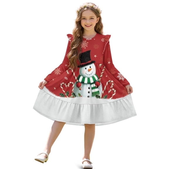 FKELYI Girls Ruffle Sleeve Dress A Line Twirly Dress for Kids Christmas Snowman Snowflake Print Midi Soft Fall Dresses Patchwork Playwear Sundress, 9-10 Y