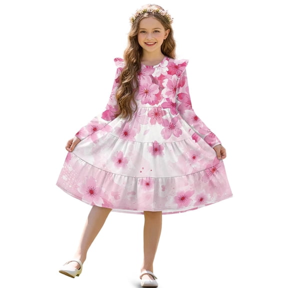 FKELYI Girls Ruffle Sleeve Dress Pink Chery Blossoms Print A Line Twirly Dress for Kids Midi Soft Fall Dresses Patchwork Playwear Sundress, 5-6 Y