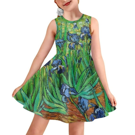FKELYI Girls Sleeveless Dress with Van Gogh Irises in the Garden Repro Floral Soft Outdoor Activities Summer Dress Size 5-6 Years Aesthetic