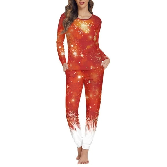 FKELYI Gliiter Christmas Snowflake Pjs Size XL 2pcs Comfortable Ladies Pajamas for Ladies Casual Long Sleeve Nightwear for Women Sleepwear