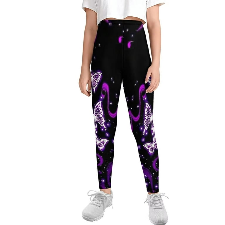 FKELYI Glitter Butterfly Purple Girls Leggings Size 6-7 Years Breathable  School Kids Tights Soft Home Yoga Pants for Youth Girls High Waisted 