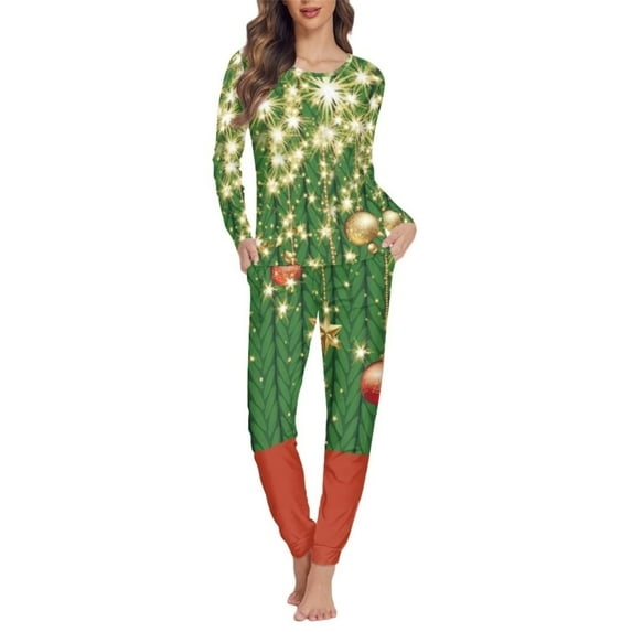 FKELYI Glitter Christmas Bell Pj 2-Piece Elastic Hoilday Sleepwear for Women Pajama Set Durable Long Sleeve Loungewear Size 2XL