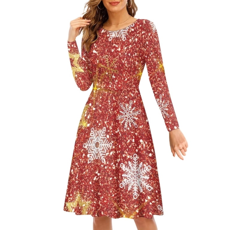 FKELYI Glitter Christmas Women Dress Size 4XL Soft Snowflake Red Christmas  Dress Women Elastic Ladies A Line Dresses Knee Length - Walmart.com