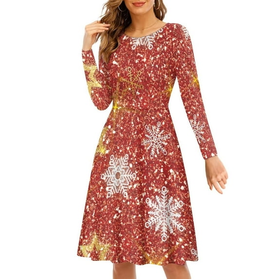 FKELYI Glitter Christmas Women Dress Size L Soft Snowflake Red Christmas Dress Women Elastic Ladies A Line Dresses Knee Length