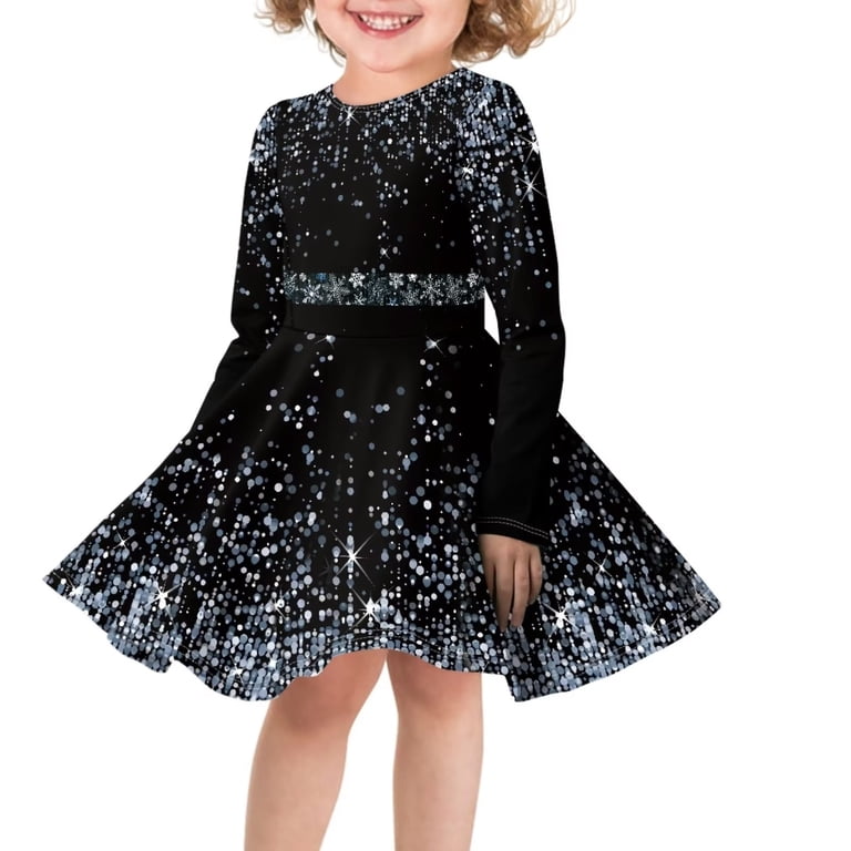 Fkelyi Glitter Star Print Long Sleeve Dresses Teen A Line Skater Casual Twirly Dress Elastic Teen Dresses Long Sleeve Aged 7-8 Years, Girl's