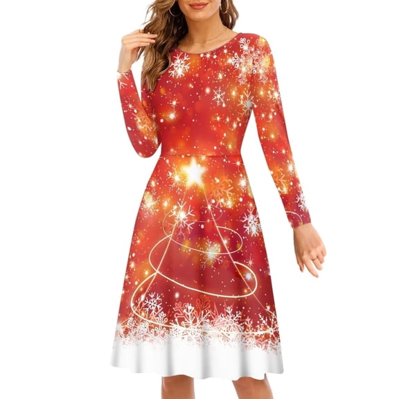 FKELYI Glitter Star Women Dress Durable Snowflake Christmas Party Dresses for Women Soft Round Neck Twirl Swing Dresses Size S,Christmas Gift