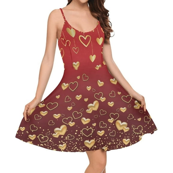FKELYI Gold Love Heart Slip Dresses Size 2XL Polyester Women Midi Sundress for Dating Lightweight Summer Dresses Valentine's Day Gift