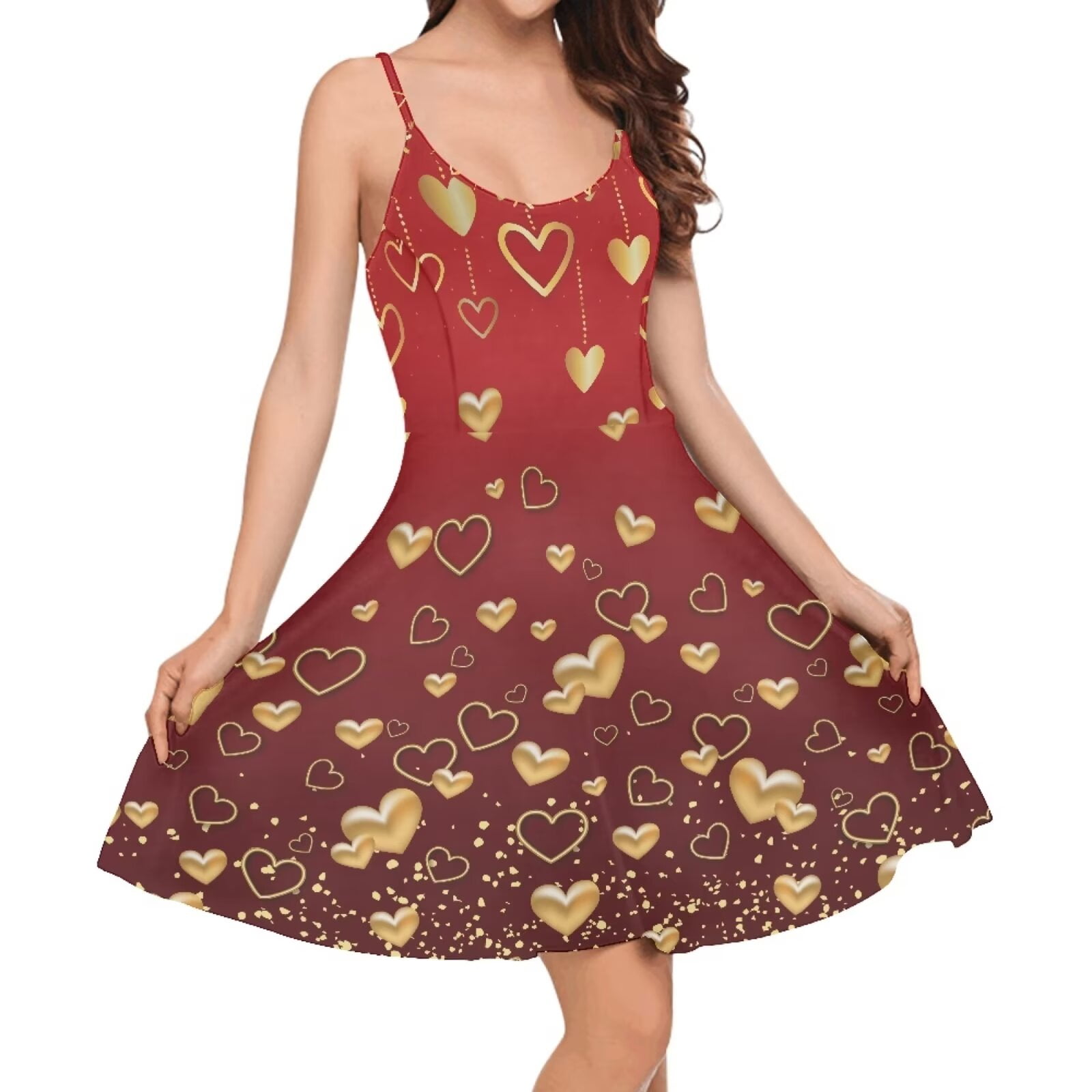Polyester Sundress FKELYI Gold Love Heart Slip Dresses Size XS Polyester Women Midi ...