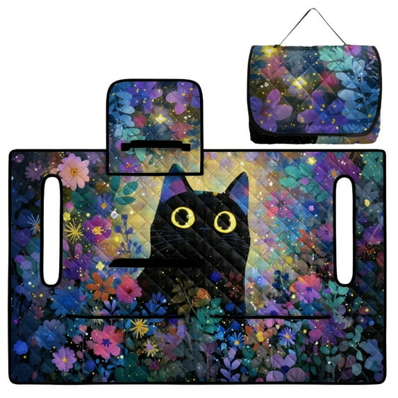 FKELYI Golf Cart Seat Cover with Pockets for Storage Black Cat Flower Print Foldable Design Golf Cart Seat Towel Blanket for EZGO Yamaha Club Cars, Quilted Padding