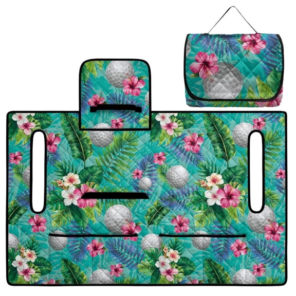 FKELYI Golf Hibiscus Flower Leaf Print Golf Cart Seat Cover for 2-Seater Club Cars Golf Cart Accessories Seat Towel Blanket with 4 Pockets Foldable Design for Easy Carry