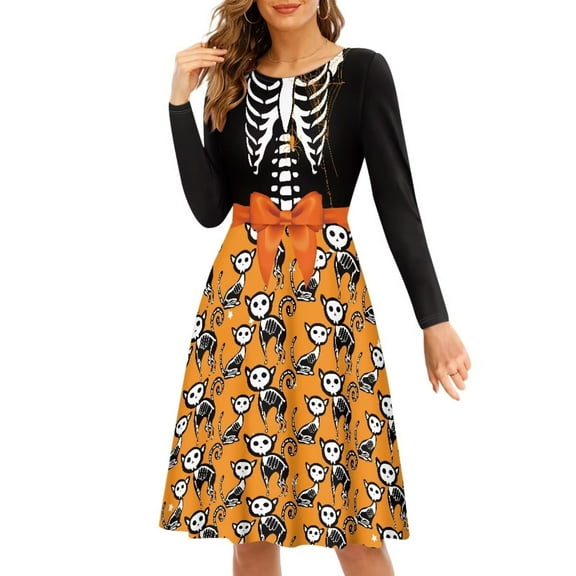 FKELYI Gothic Skull Body Costume Women Dresses Stretchy Hoilday Swing Twirl Skater Dress Lightweight Woman Long Sleeve Casual Dress Size 4XL