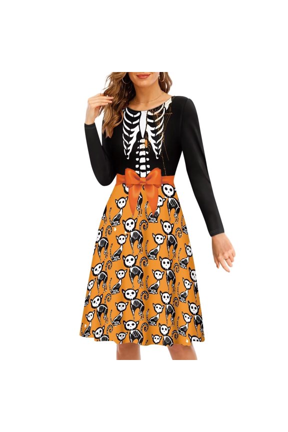 Gothic Skull Body Costume Women Dresses Stretchy Hoilday Swing Twirl Skater Dress Lightweight Woman Long Sleeve Casual Dress Size 4XL