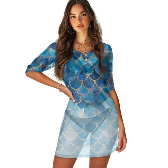 FKELYI Gradient Blue Fish Scale Print Swimsuit Cover Ups for Women Round Neck Swimwear Cover-Up Half-Sleeve Beachwear Bikini Beach Dress for Ladies Summer Vacation Swimming, M
