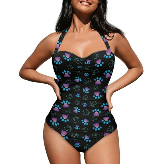 FKELYI Gradient Dog Paw Print Women's Swimwear One Piece Swimsuit with Soft Pad Tummy Control Bathing Suits V Neck Beachwear Halter Monokini for Lady Summer Swimming, L