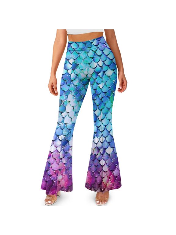 Gradient Fish Scale Blue Purple Print Flare Leggings Women's Bell Bottom Yoga Pants Wide Leg Pants Split Front Boot Cut Yoga Leggings High-Waist Sweatpants for Workout Running, M