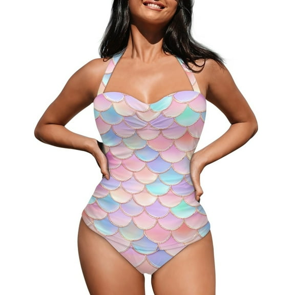FKELYI Gradient Fish Scale Print One Piece Swimsuit for Women V Neck Swimwear with Soft Pads Tummy Control Bathing Suit Summer Beachwear for Lady Swimming Surfing, XL