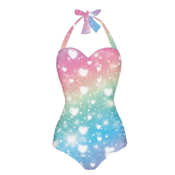 FKELYI Gradient Love Print One Piece Swimsuit Women's Cosy Swimwear with Halter Strap Bathing Suit Tummy Control Monokini with Soft Pad for Ladies Swimming Surfing, S
