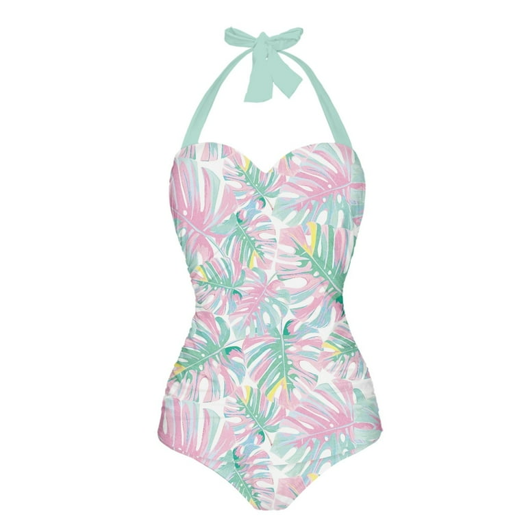 FKELYI Gradient Palm Leaves Pink Green Print V Neck Swimwear for