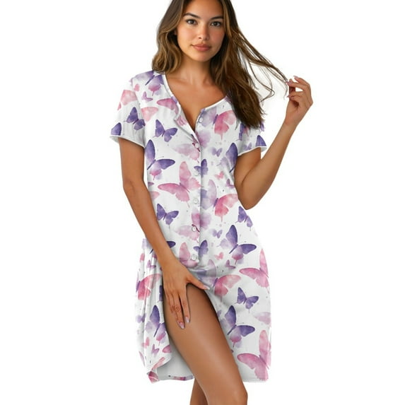 FKELYI Gradient Pink Purple Butterfly Print Button Down Nightgowns for Women Soft Sleepwear Dress Breathable Nightshirt Dress Boyfriend Pajama Dress Nightwear Short Sleeve Dress for Summer, M
