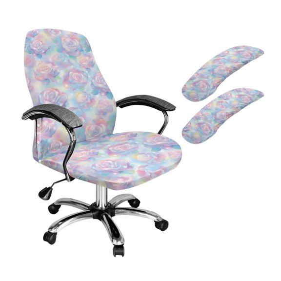 FKELYI Gradient Rose Flower Print 3 Piece Set Office Chair Cover Swivel Gaming Chair Slipcover with Armrst Covers High Back Computer Chair Protector Home Office Decor, Small