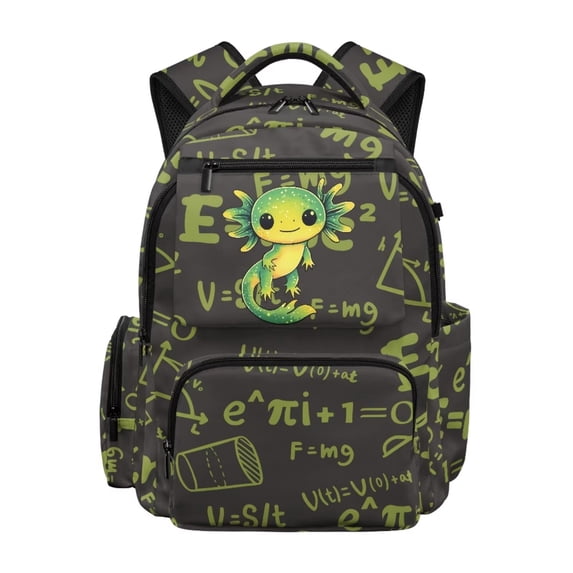 FKELYI Green Cartoon Axolotl Print Kids Backpack with Multi-Pockets 17 Inch Schoolbag for Elementary Student Bookbag Casual Daypack Travel Rucksack Knapsack for Boys Girls